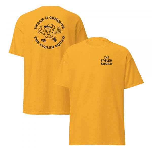 Snack & Conquer-T-Shirt der Marke The Fueled Squad in der Farbe Gold – Streetwear für Läufer