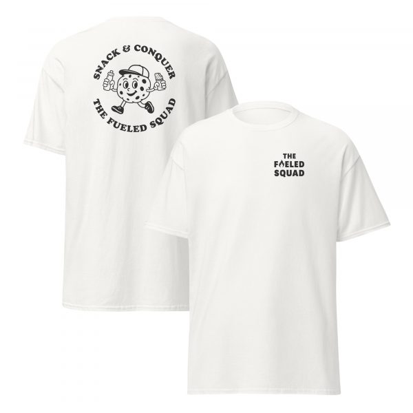 Snack & Conquer-T-Shirt der Marke The Fueled Squad in der Farbe Weiß – Streetwear für Läufer