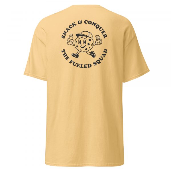 Snack & Conquer-T-Shirt (unisex) in der Farbe Yellow Haze, Rückansicht – Streetwear für Läufer