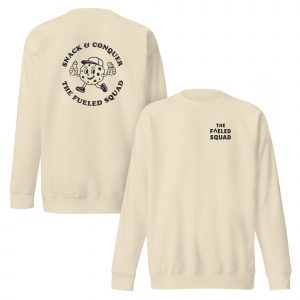 Unisex Snack & Conquer-Sweatshirt von The Fueled Squad in der Farbe Bone, Front- und Rückansicht