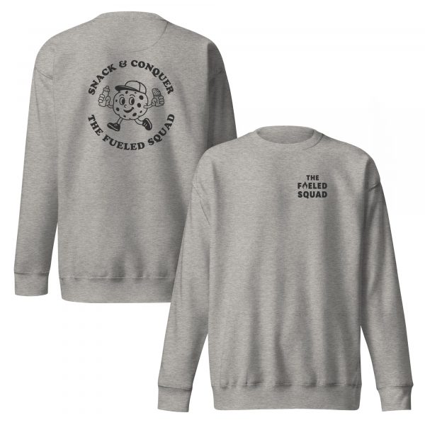 Unisex Snack & Conquer-Sweatshirt von The Fueled Squad in der Farbe Carbon Grey, Front- und Rückansicht
