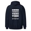 Good Things Take Time-Hoodie in der Farbe Navy Blazer/Dunkelblau, Rückansicht – Streetwear für Läufer
