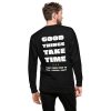 Good Things Take Time-Sweatshirt in der Farbe Schwarz, Rückansicht am männlichen Model – Streetwear für Läufer
