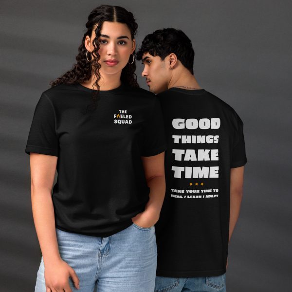 Good Things Take Time-T-Shirt in der Farbe Schwarz, Front- und Rückansicht, Unisex – Streetwear für Läufer und Läuferinnen