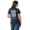 Good Things Take Time-Damen-T-Shirt in der Farbe Navy, Rückansicht, am weiblichen Model – Streetwear für Läufer